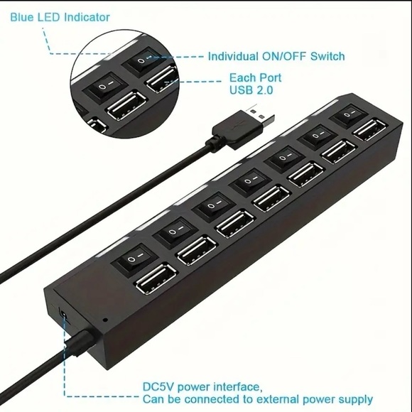 Brand New 7-Port USB 2.0 Hub with Switches & LED Lights - Picture 4 of 8